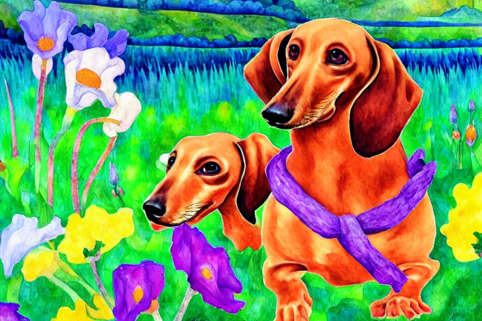 Colorful Dachshunds with Purple Scarves in Vibrant Floral Setting