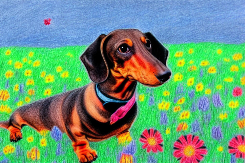 Colorful Dachshund Illustration in Flower Field