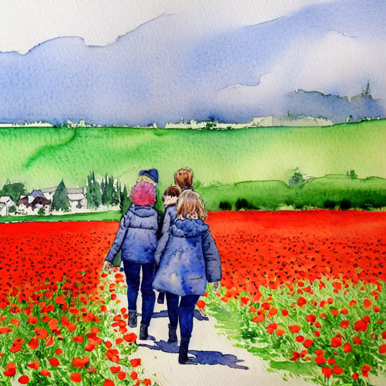 Children walking through vibrant red poppy field in countryside