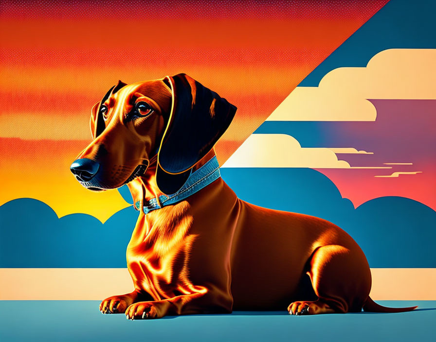 Brown Dachshund Illustration on Orange and Blue Background