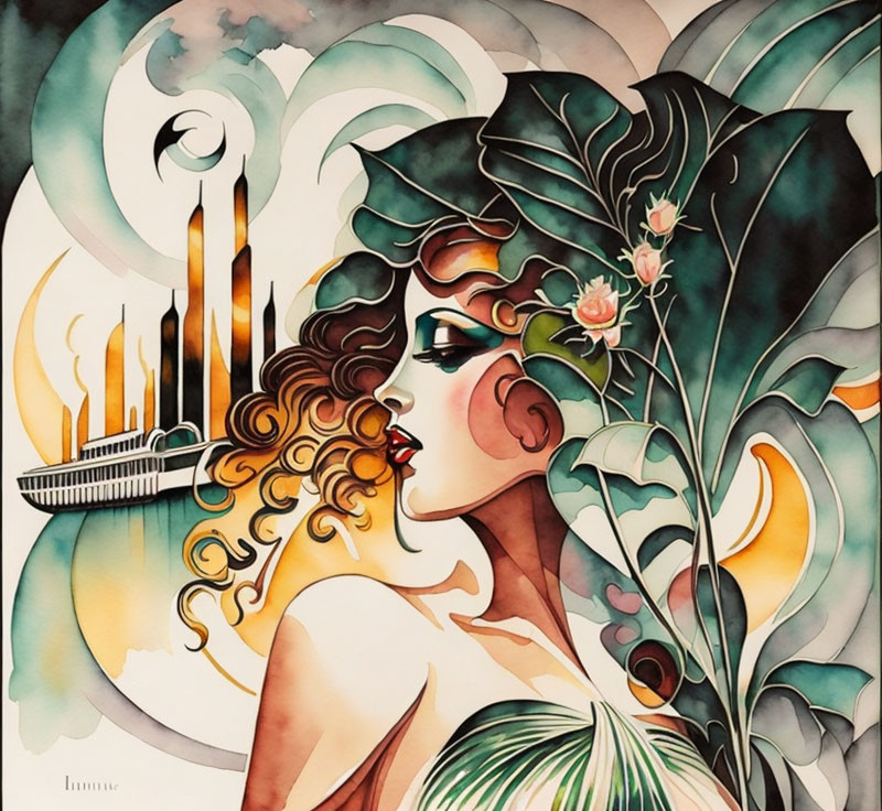 Art Nouveau Style Woman Illustration with Curly Hair and Cityscape