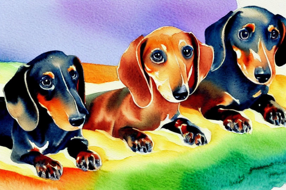 Vibrant Watercolor Painting of Three Dachshunds on Colorful Background