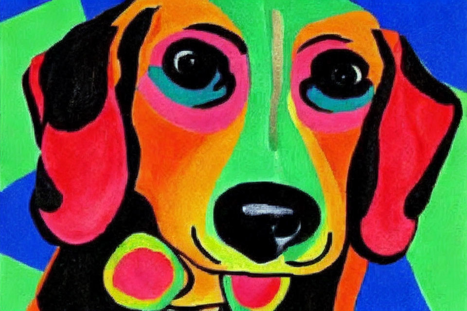 Vibrant abstract dog painting with prominent eyes on blue and green background