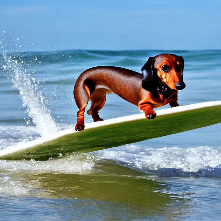 Dachshund Dog Surfing on Wave