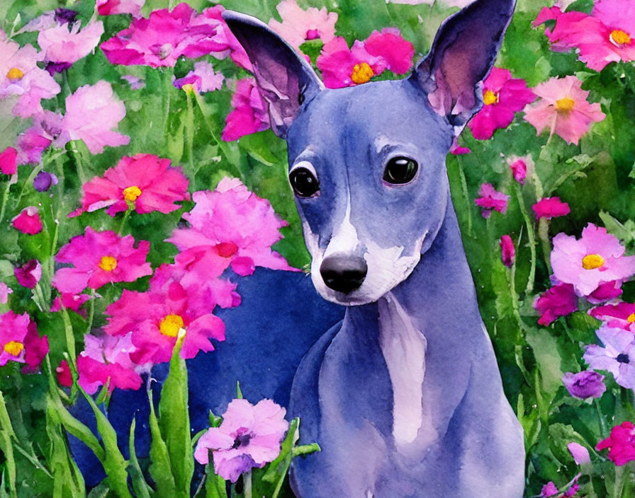 Blue-grey Dog Among Vibrant Pink Flowers in Watercolor