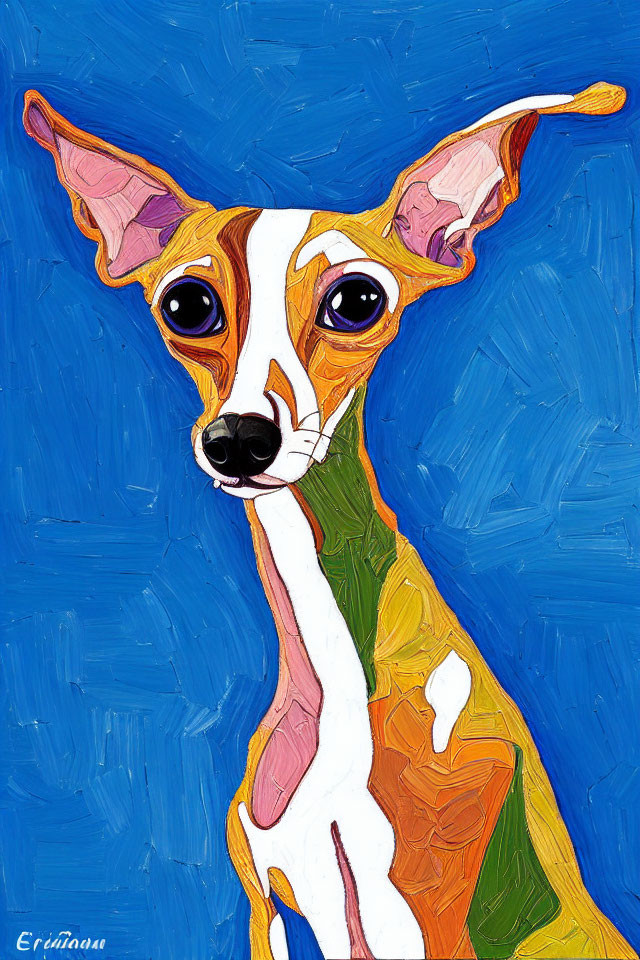 Brown and White Italian Greyhound Dog Painting on Blue Textured Background