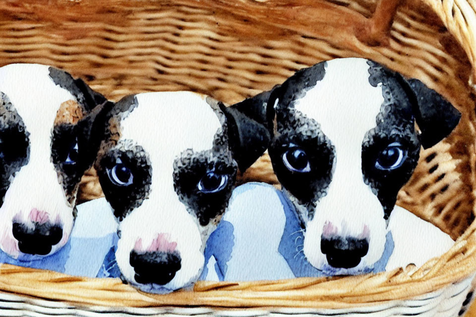 Three black and white puppies with piercing eyes in wicker basket