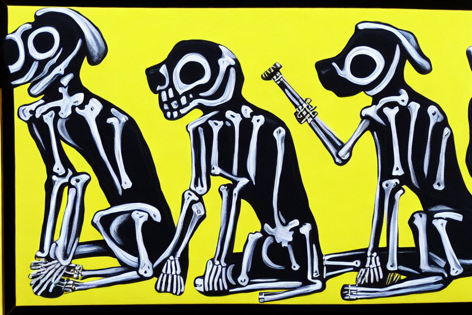 Monochromatic skeletal figures on yellow background with tool