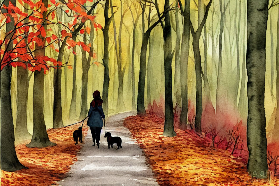 Person walking two dogs on forest path with autumn leaves