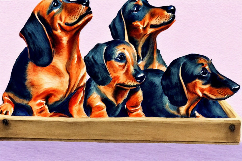 Four Dachshunds Sitting on Wooden Bench with Pink Background