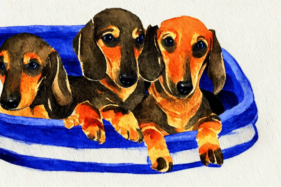 Three dachshund puppies in blue object on white background