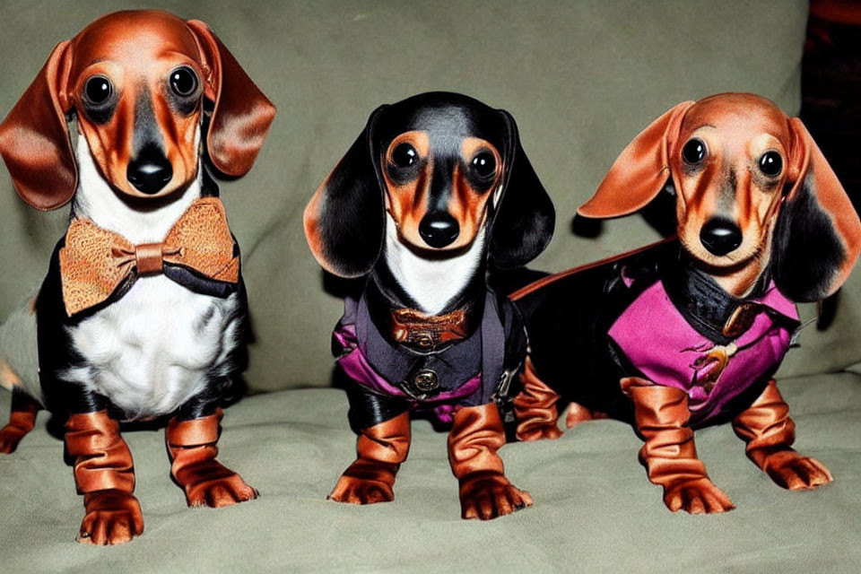 Three Dachshund Dogs in Outfits: Bowtie, Leather Harness, Purple Shirt