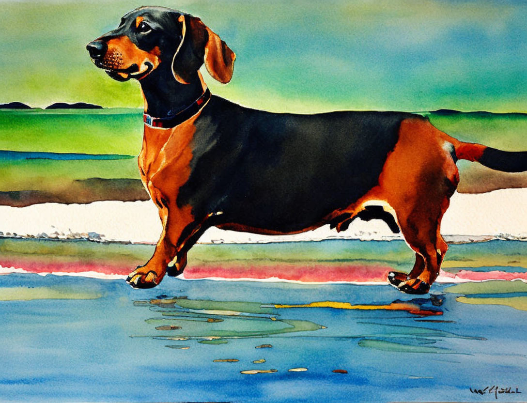 Colorful Watercolor Painting of Dachshund Walking by Water