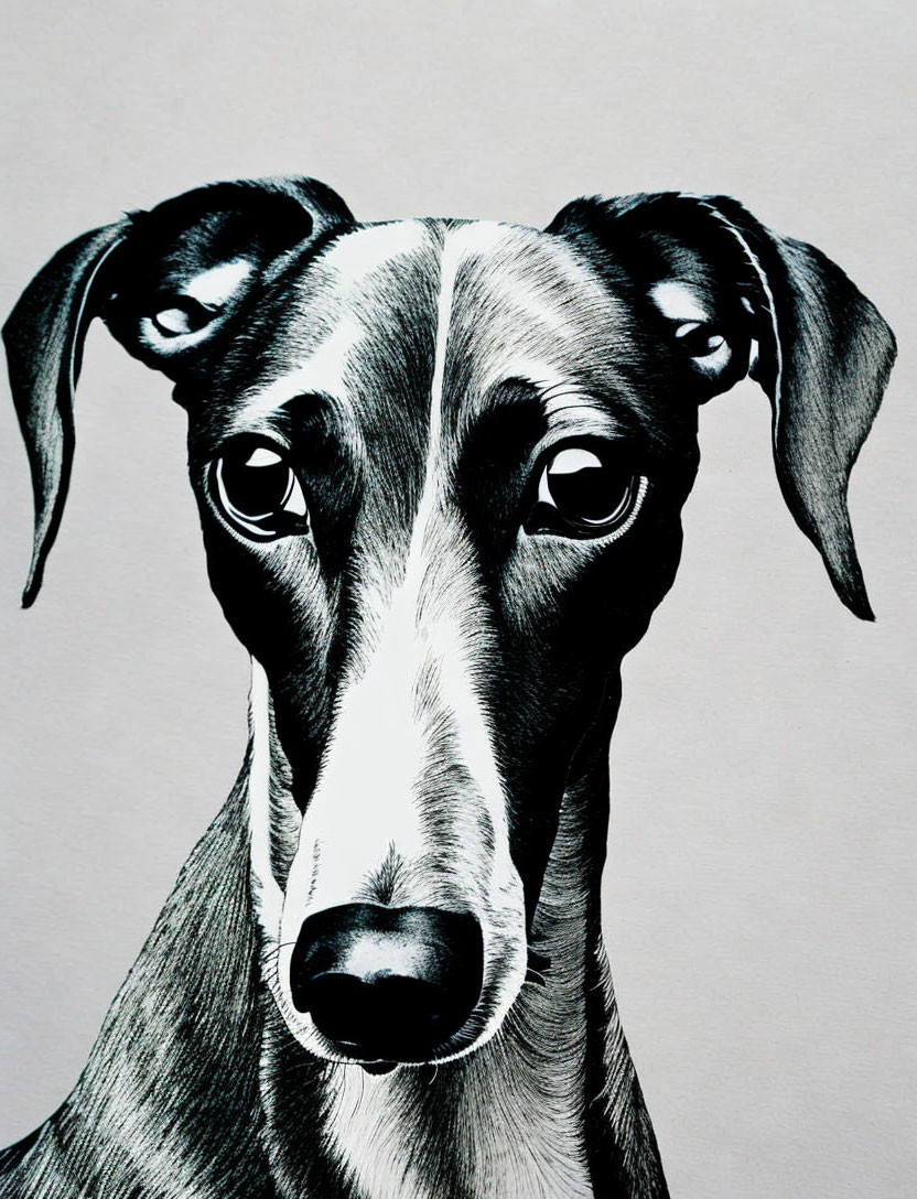 Monochrome Greyhound Illustration with Prominent Eyes and Ears