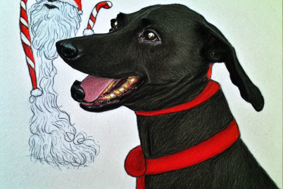 Black dog with red collar and white beard sketch, alongside candy cane - Christmas theme.