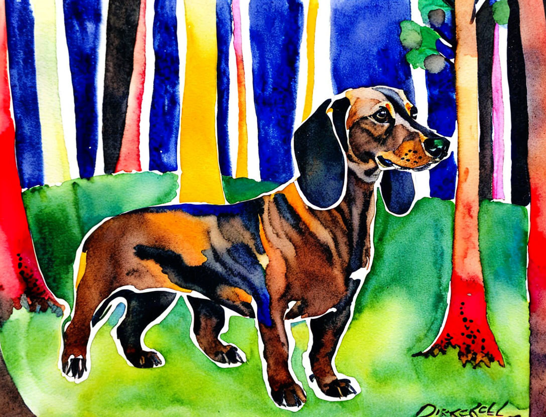 Colorful Watercolor Painting of Dachshund Among Abstract Trees