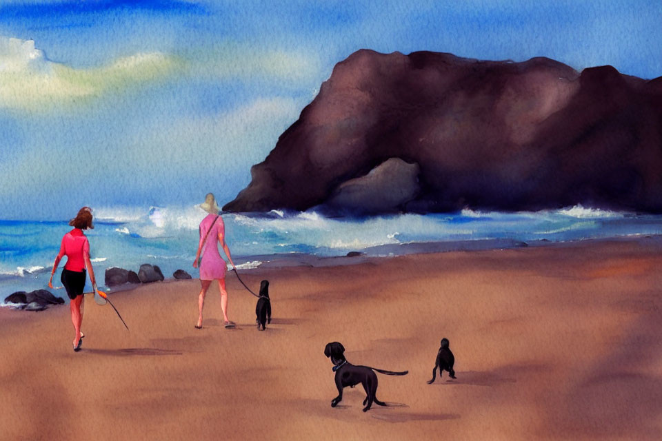 Beach scene with two people, two dogs, rock formation, ocean waves, blue sky.