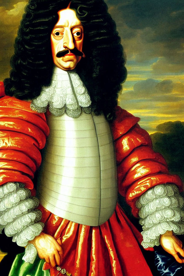 Man with Long Curly Hair in Traditional Red Coat and Armor Cuirass