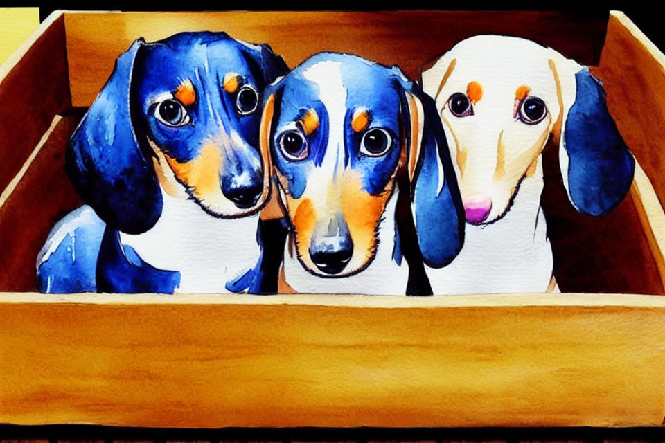 Three dachshunds in a wooden box watercolor painting