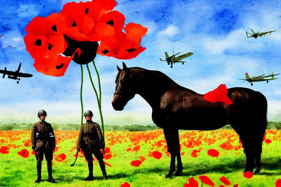 Surreal painting featuring poppies, horse with saddle, soldiers, and planes in vibrant landscape