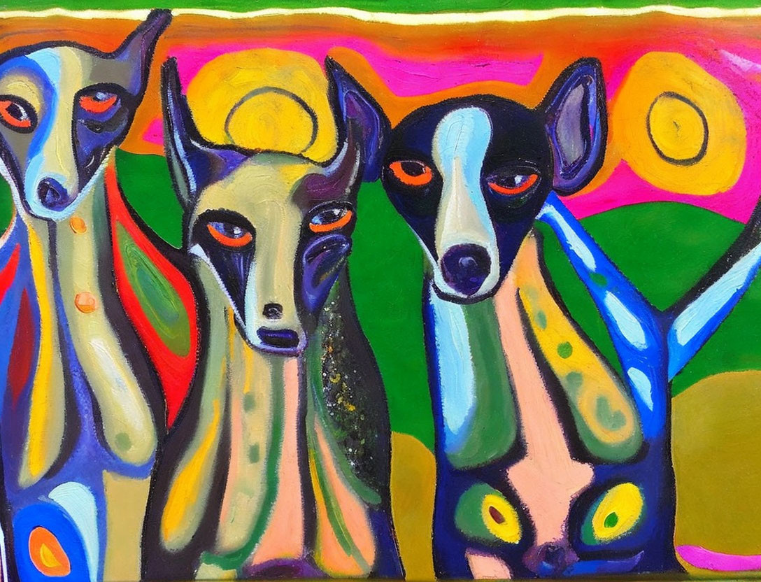 Vibrant abstract painting of three stylized dogs with expressive eyes and patterned coats