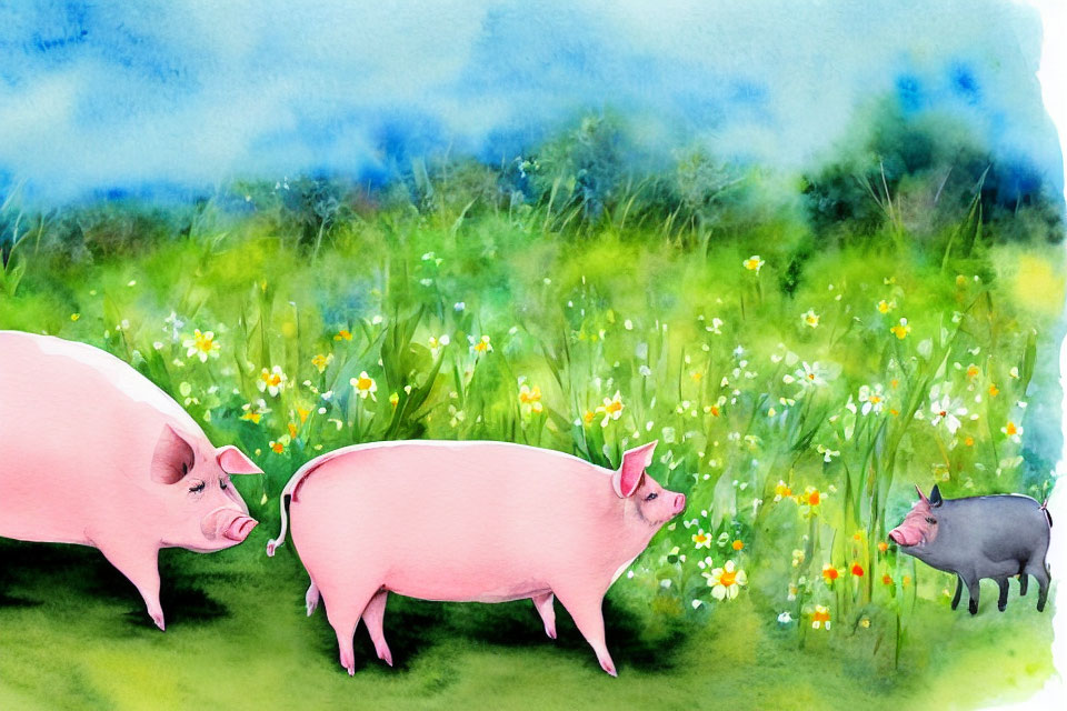 Colorful Watercolor Cartoon Pigs in Meadow with Flowers