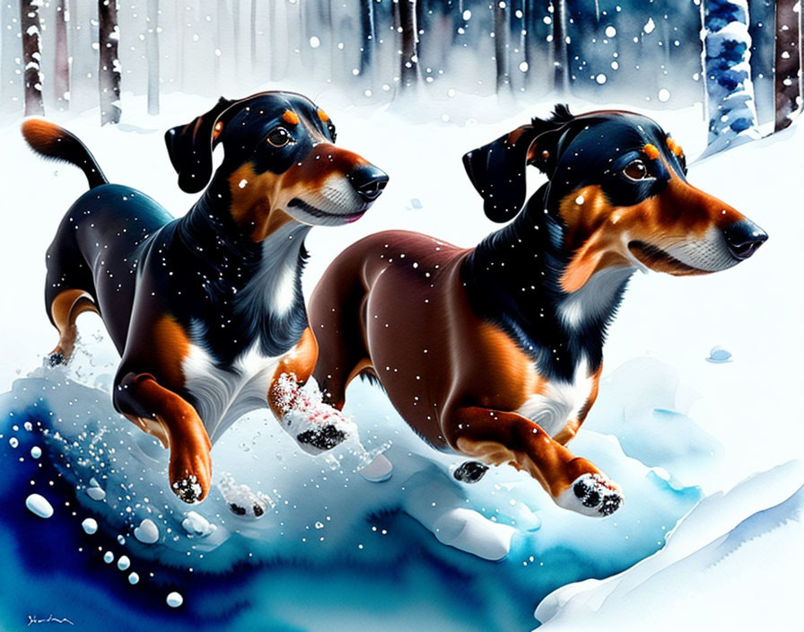 Playful Dachshunds Frolicking in Snowfall
