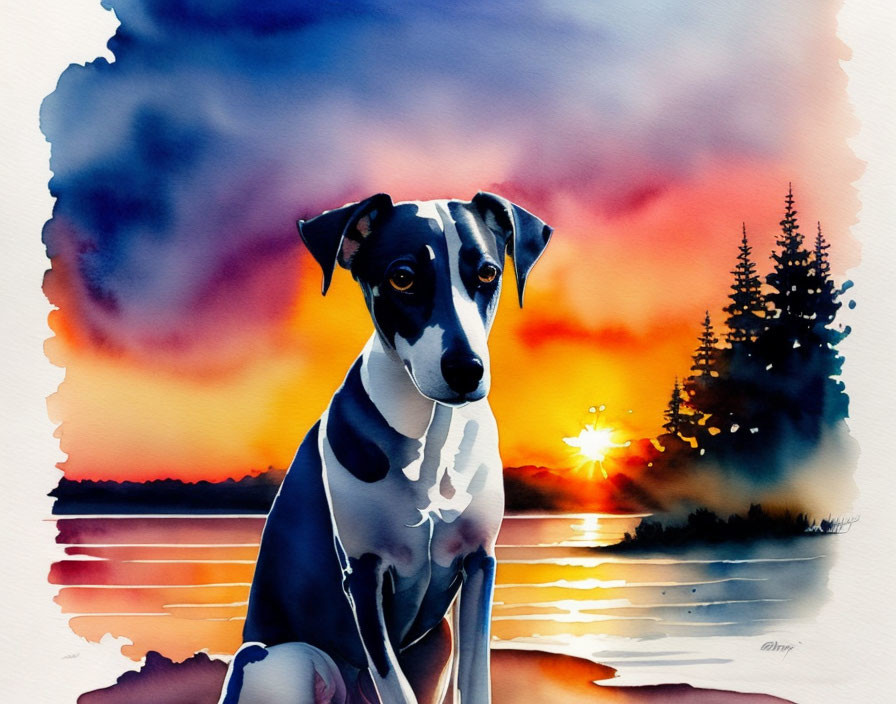 Vibrant sunset watercolor painting of dog by lake with pine trees