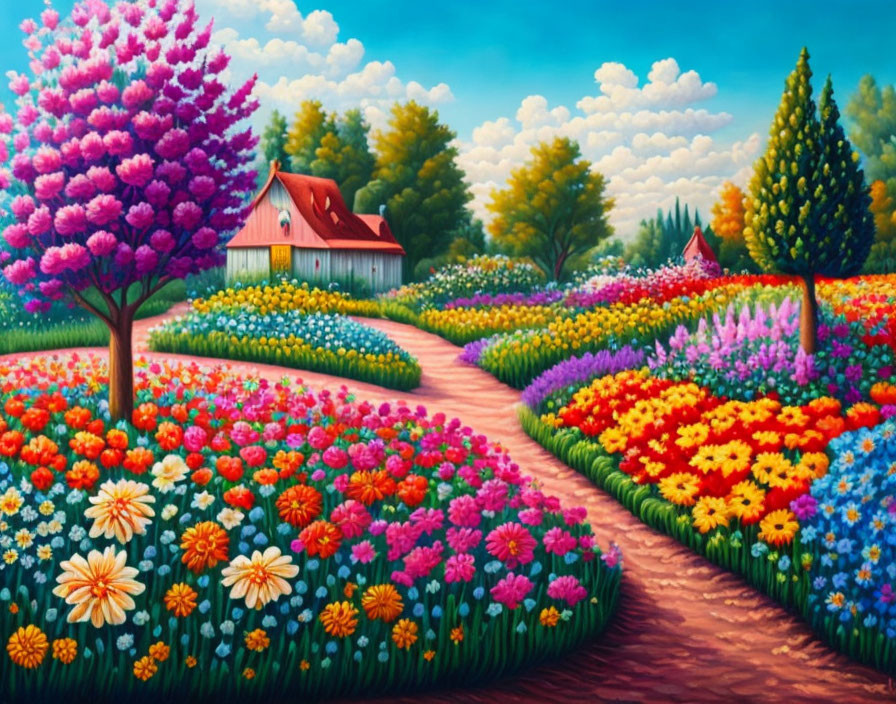 Colorful Garden Painting with Blooming Flowers and Quaint Houses