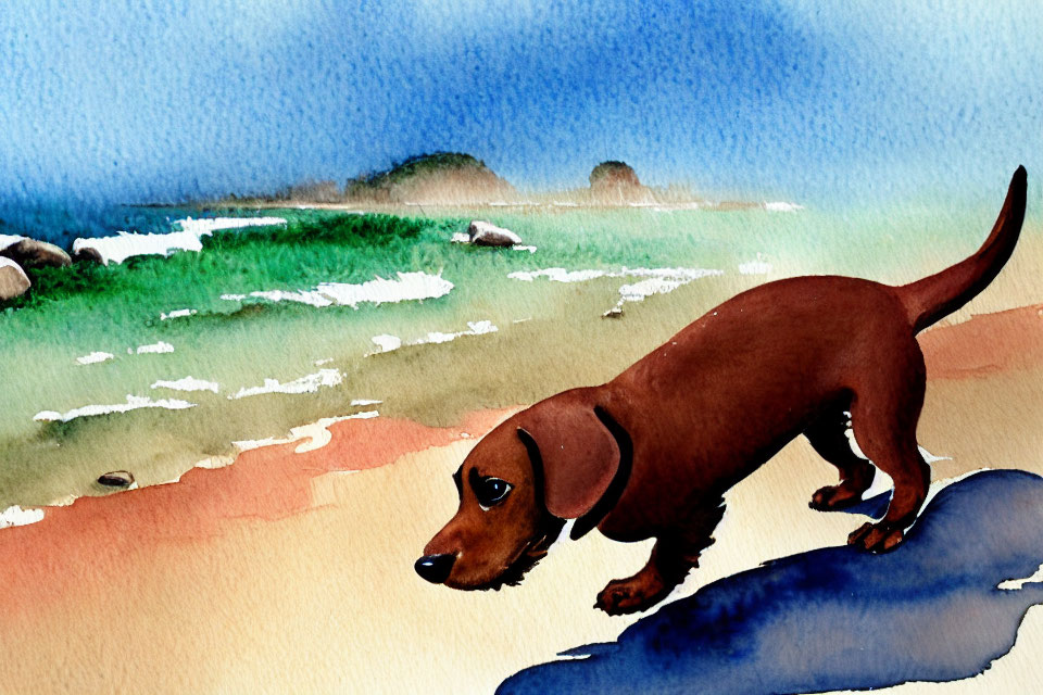 Brown Dachshund Watercolor Painting on Sandy Beach