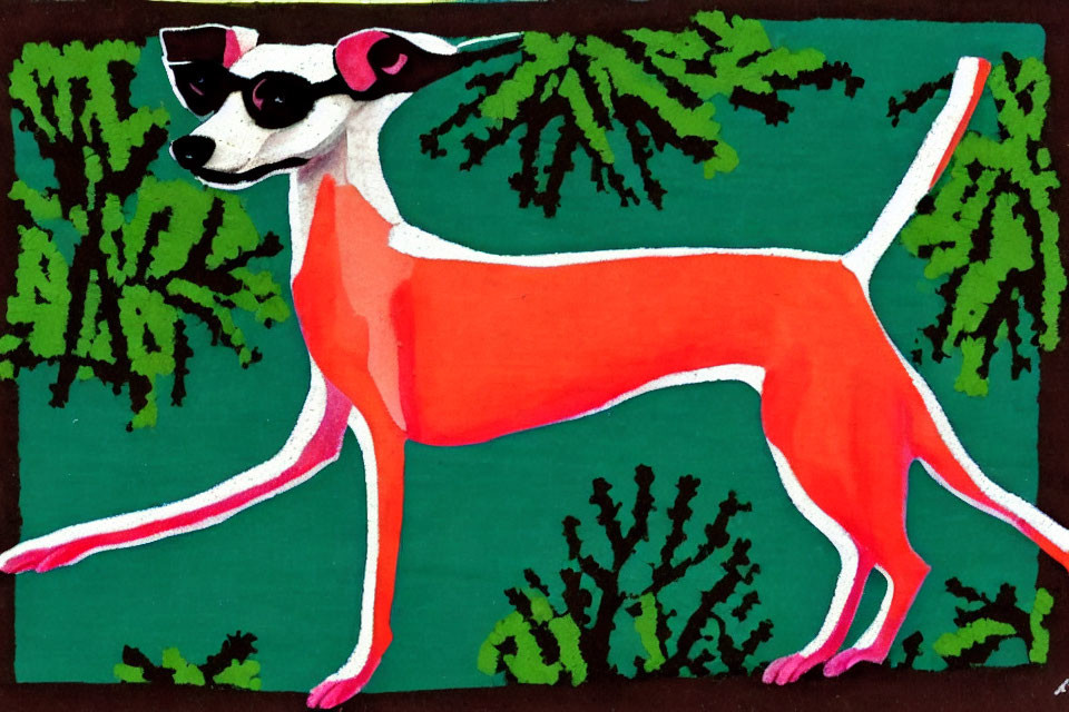 Stylized red and white dog with sunglasses in green foliage