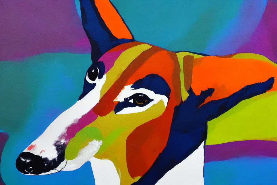 Vibrant abstract dog painting on blue and purple background