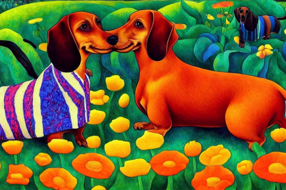 Colorful dachshunds in striped sweater among flowers; whimsical illustration with lush greenery.