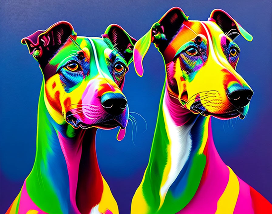 Colorful Great Danes digital art with psychedelic patterns on blue-purple background
