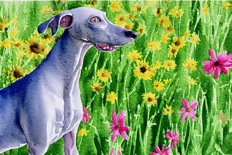 Grey Italian Greyhound Dog in Vibrant Flower Field with Yellow and Pink Flowers