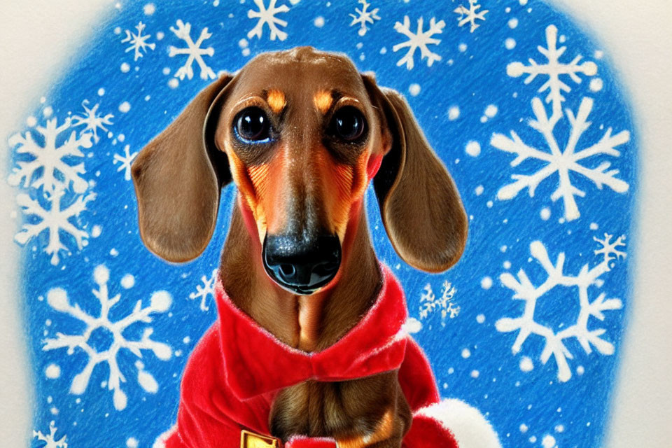 Dachshund in Red Hoodie on Blue Snowflake Background