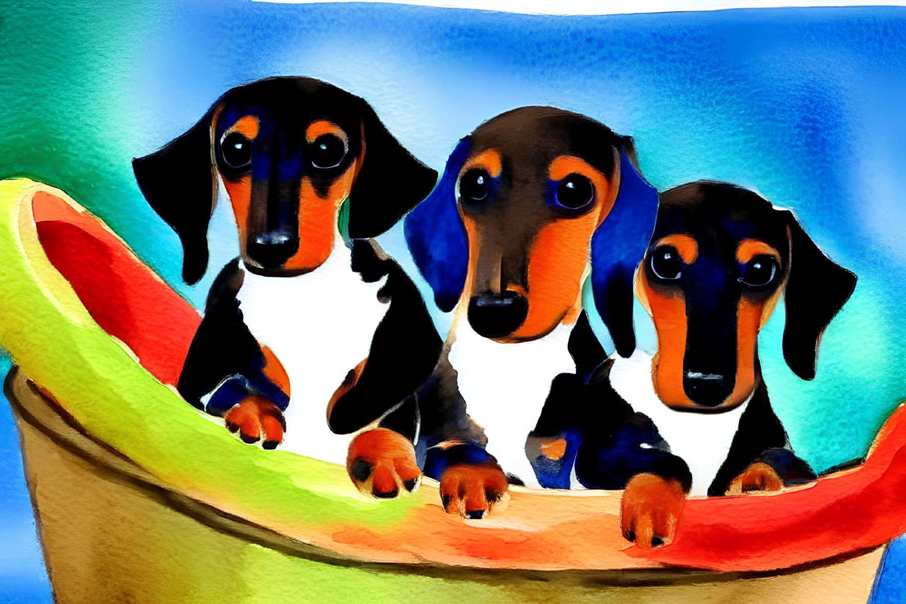 Colorful Cartoon Dachshunds in Basket on Blue Watercolor Background