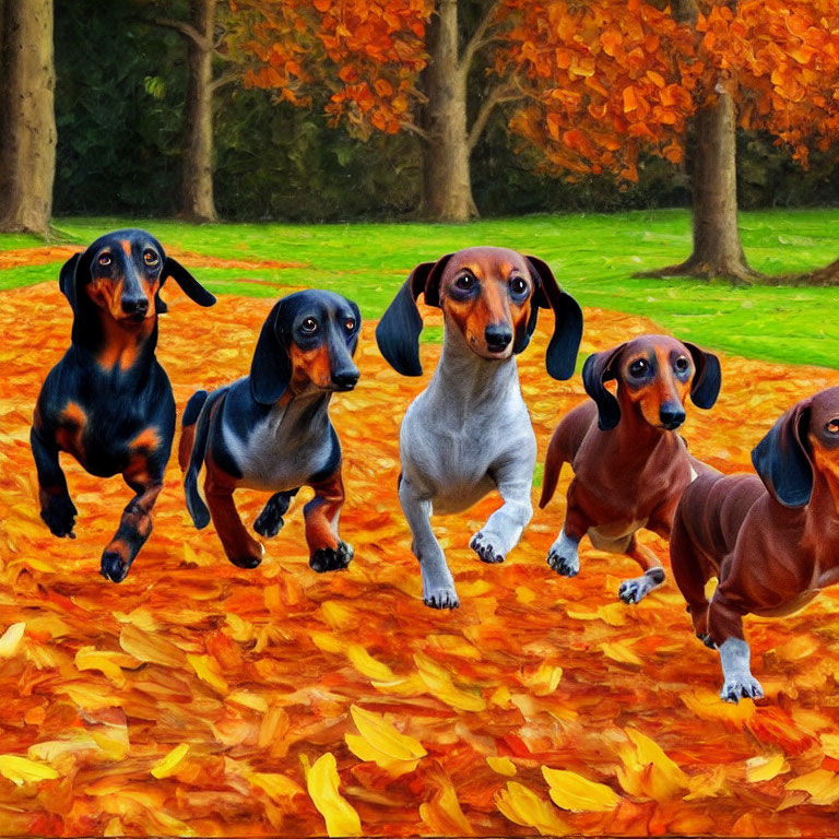Four Dachshunds Walking in Fall Landscape with Orange Leaves