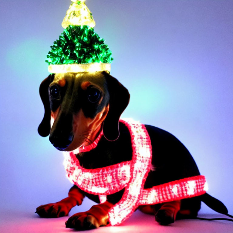 Dachshund Dog in Light-Up Christmas Sweater on Blue-Purple Background