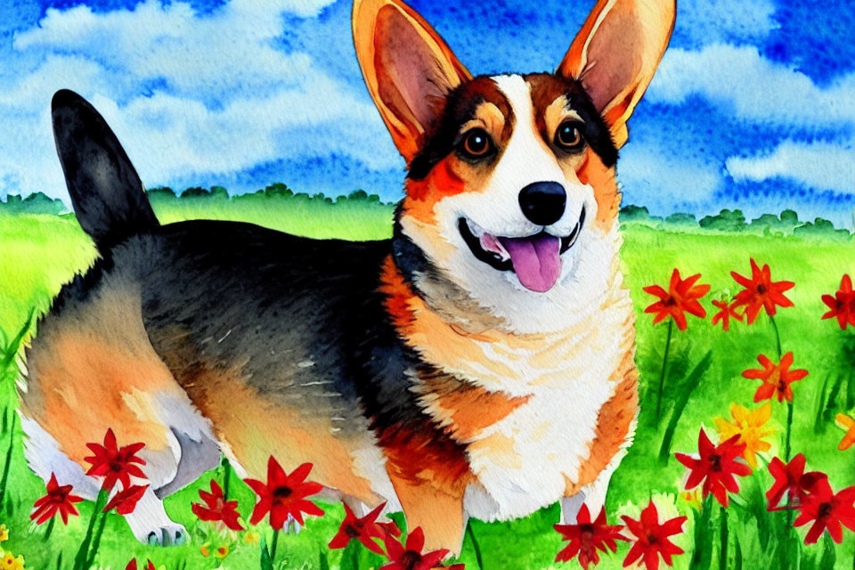 Vibrant watercolor painting: Smiling Corgi in field with flowers