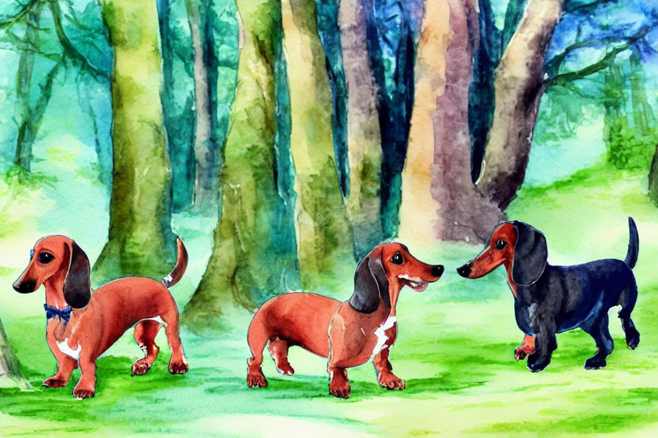 Three colorful dachshunds in a vibrant watercolor forest