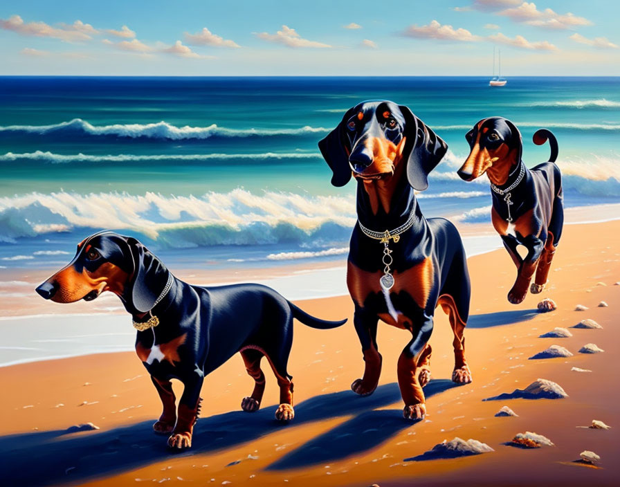 Three Dachshunds with Shiny Collars on Sandy Beach with Sailboat and Waves