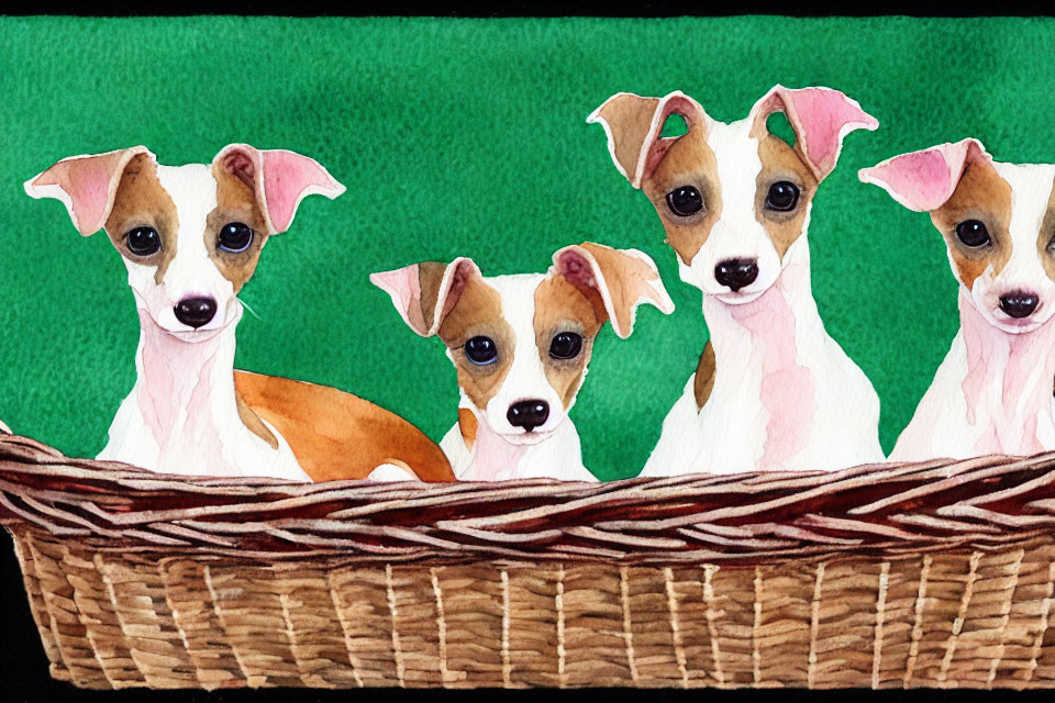 Four Brown and White Fur Puppies in Wicker Basket on Dark Green Background