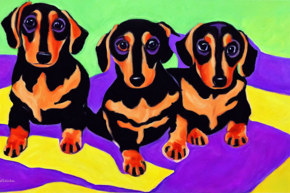 Colorful Stylized Dachshunds Against Vibrant Background