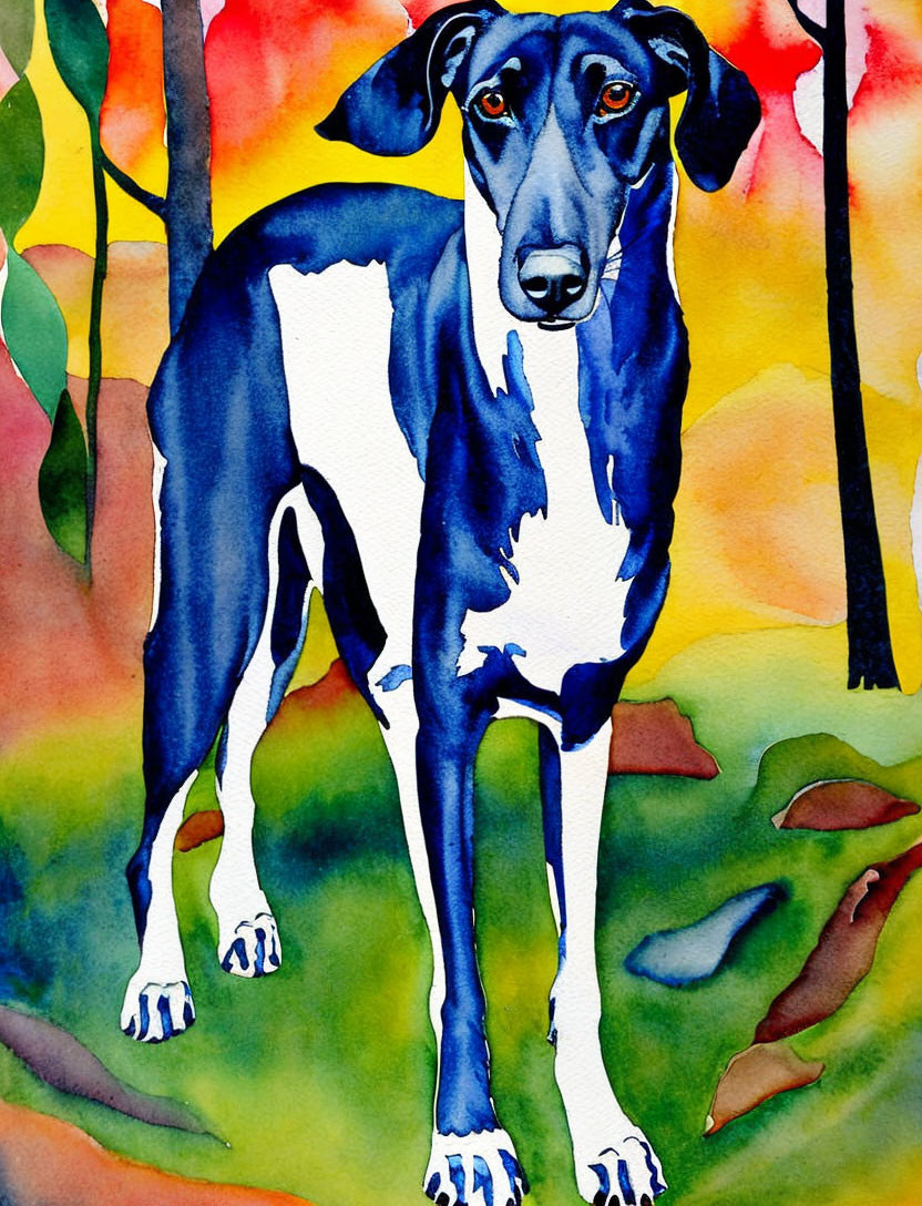 Vibrant Watercolor Painting of Curious Black and White Dog