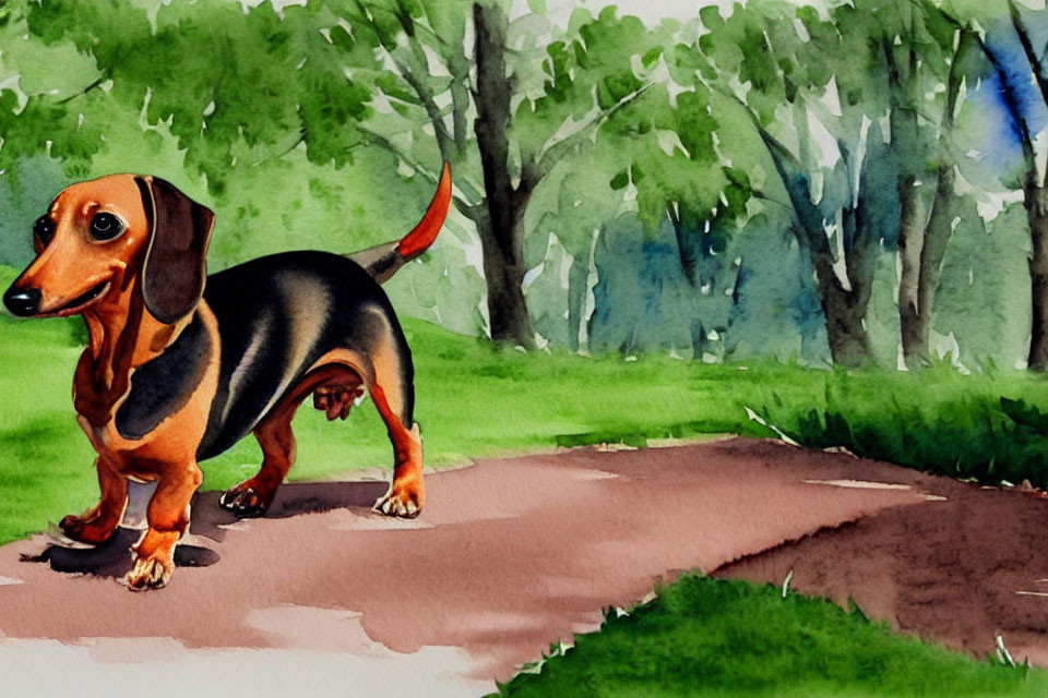Watercolor painting of playful dachshund in park setting