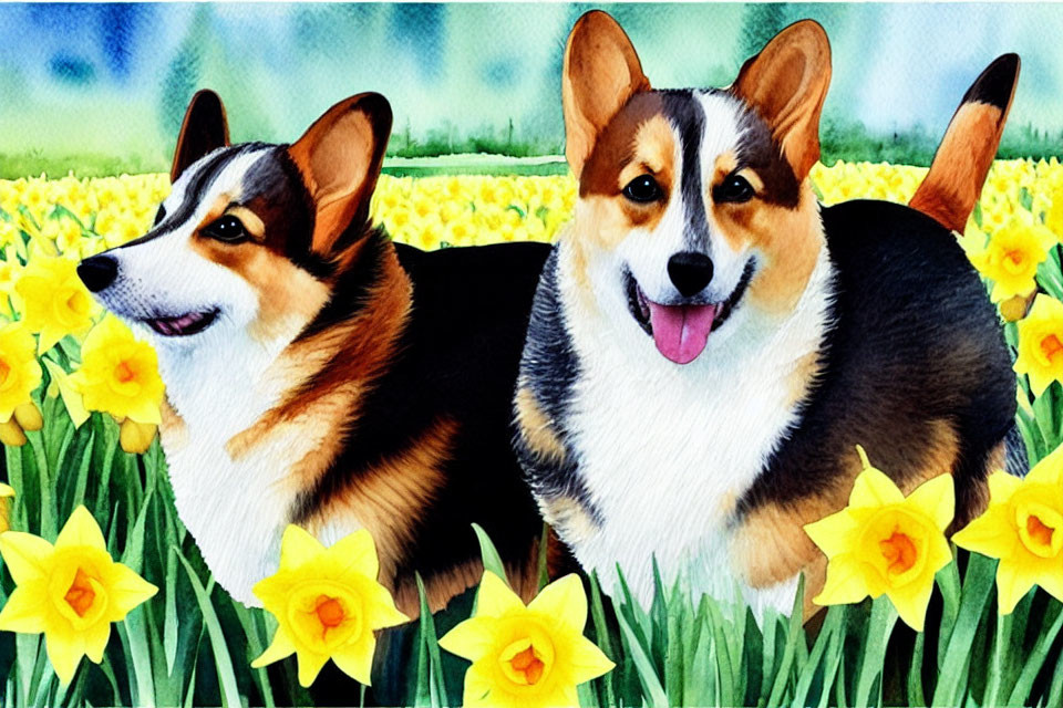 Smiling Corgis in Yellow Daffodil Scene