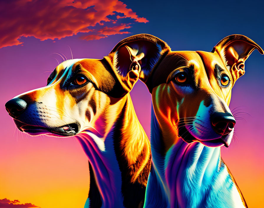 Color-enhanced dogs against gradient sunset sky: sleek profiles and expressive eyes