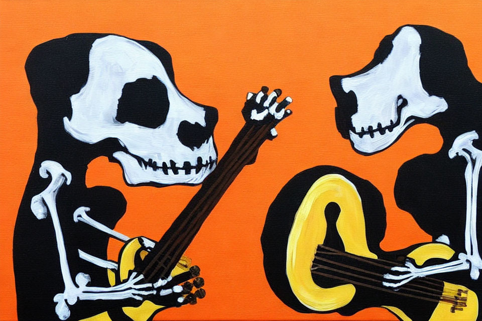 Stylized skeletons playing instruments on orange background