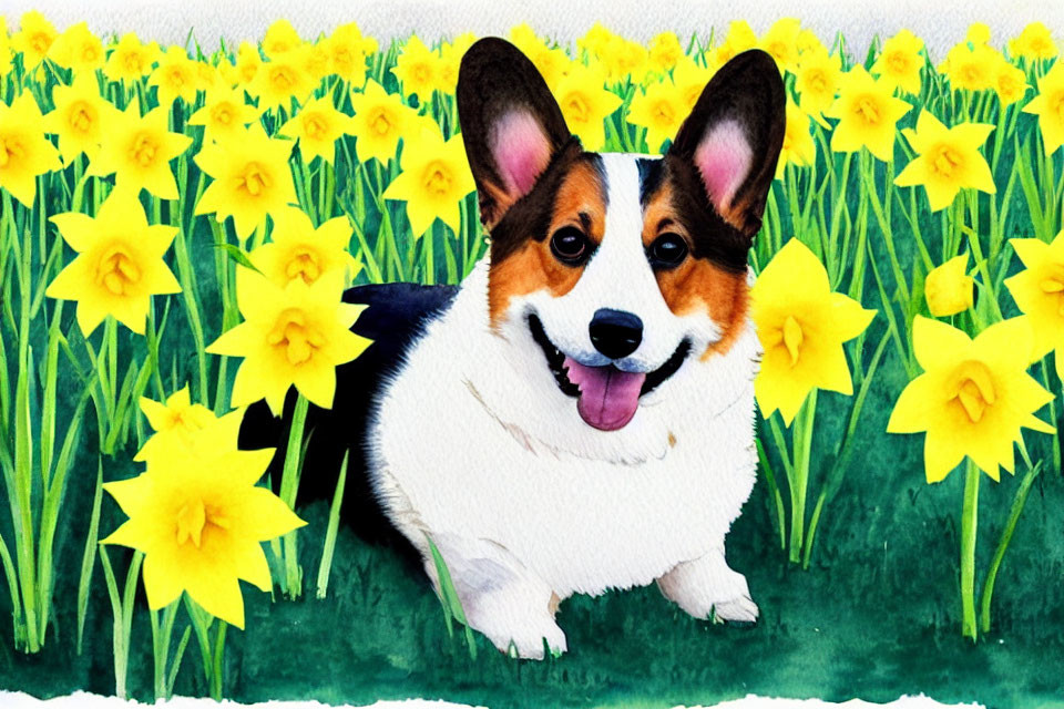 Smiling Corgi with Yellow Daffodils on Green and White Background